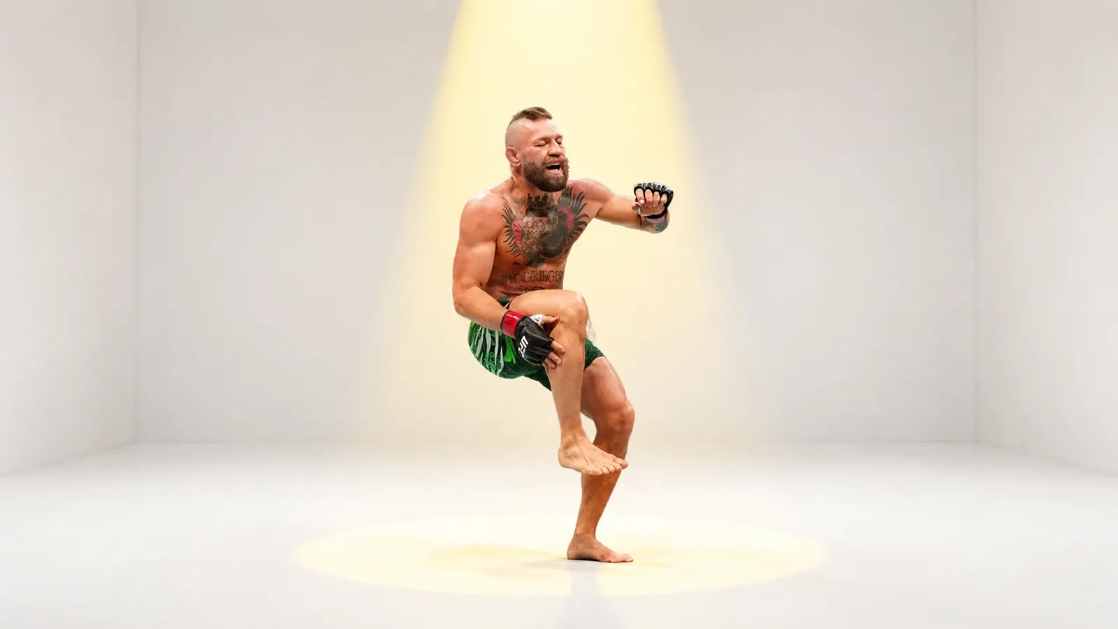 Conor McGregor collapsing to the canvas unable to stand on his leg. It was God's plan.